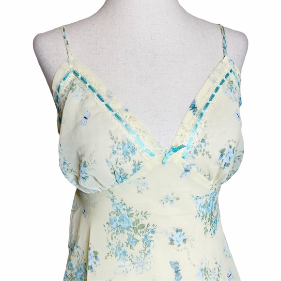 Vintage Y2K Fairycore Pale Yellow & Blue Floral Butterfly Chiffon Slip Dress - Picture 6 of 6